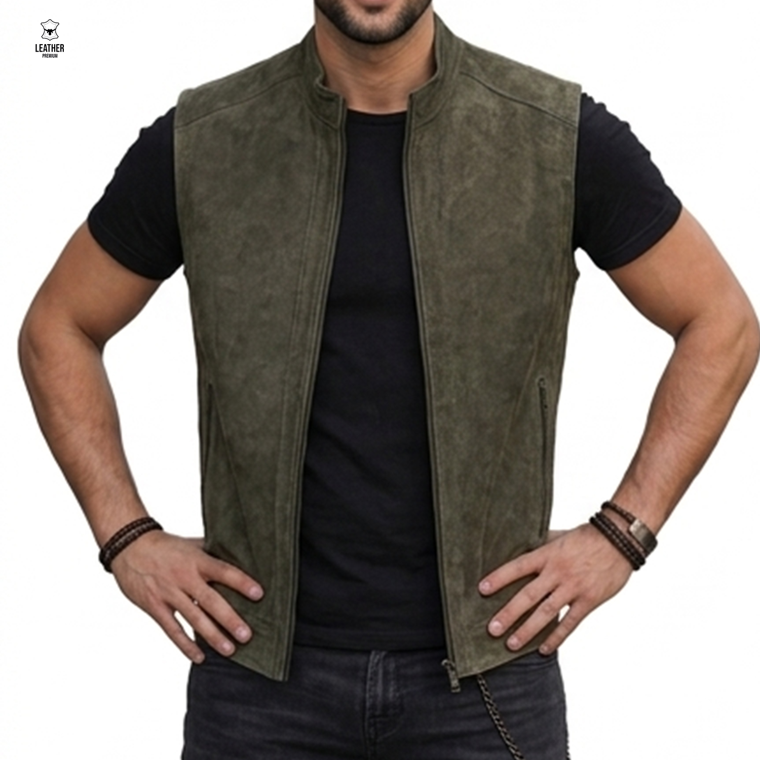 Gilet en cuir Nubuck Olive ref : 549 4 sdezded