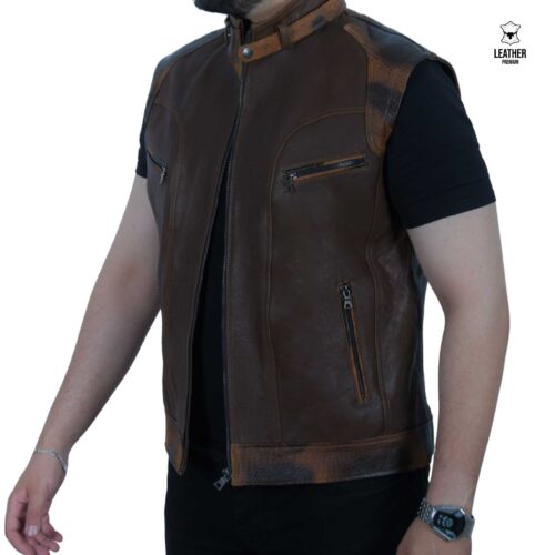 Gilet en cuir Marron -Épaules Tiger-