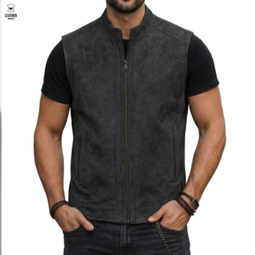 Gilet en cuir Nubuck Gris pour Hommes -494-