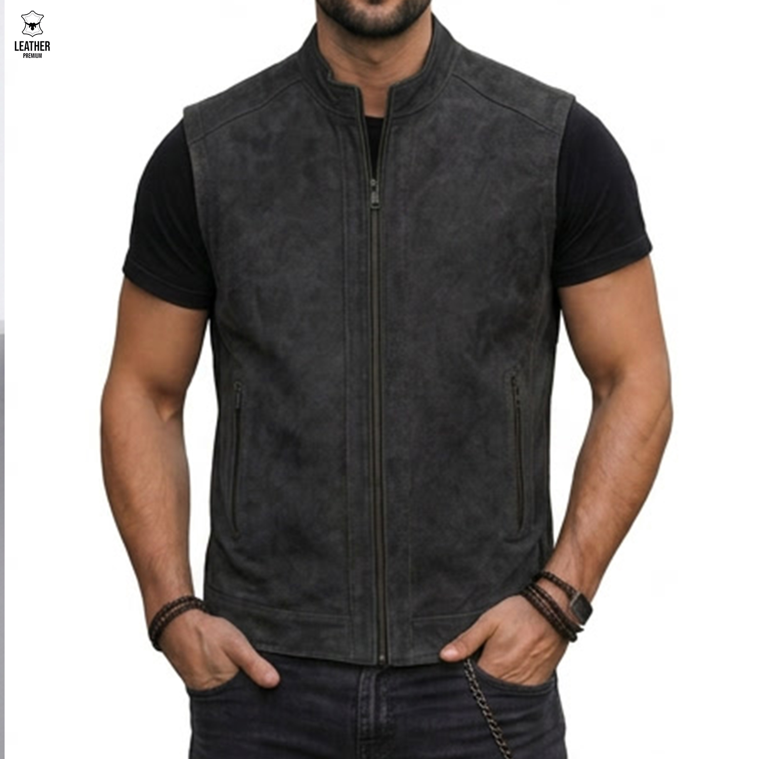 Gilet en cuir Nubuck Gris pour Hommes -494- 1 zefzefef