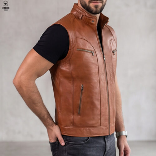 Gilet en cuir Tabac -Agneau : 202 – photo 3