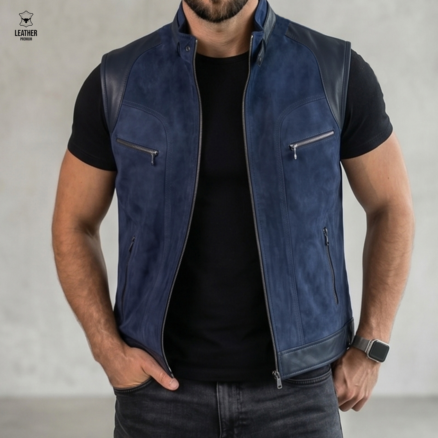 Gilet en cuir Bleu Daim pour Homme REF : BD5005 2 zsfezded