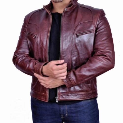 Blouson en cuir vachette bordeau .Vintage rubis