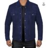Chemise en cuir daim pour homme Bleu, style casual, coupe ajustée, façon veste