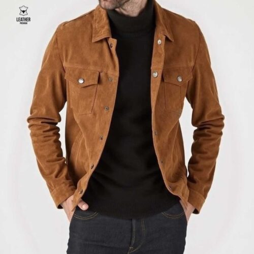 Chemise en cuir daim pour homme, style casual, coupe ajustée, façon veste