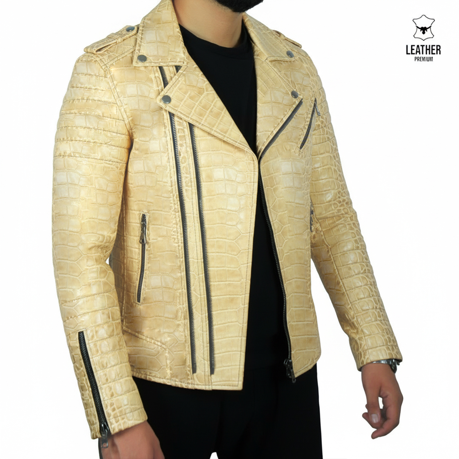 Perfecto en cuir Croco Beige pour Hommes -champagne- 5 aedqsdqsd 1