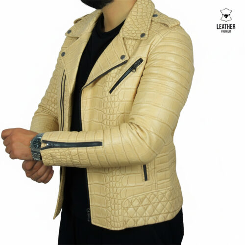 Perfecto en cuir Croco Beige pour Hommes -champagne- 7 aedsqqsd