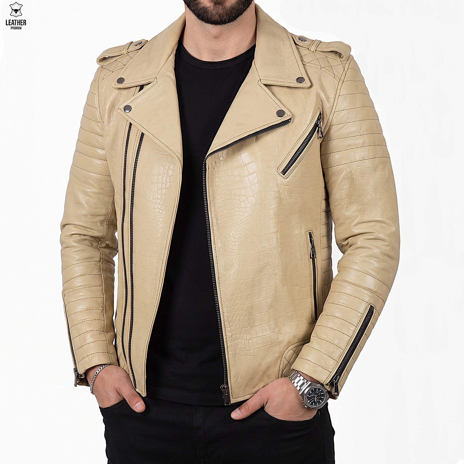 Perfecto en cuir Croco Beige pour Hommes -champagne-