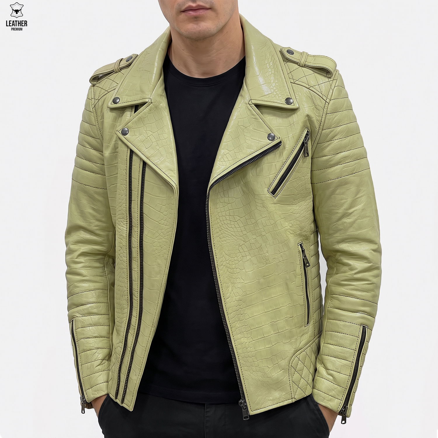 Perfecto en cuir Croco pour Hommes Vert pistache