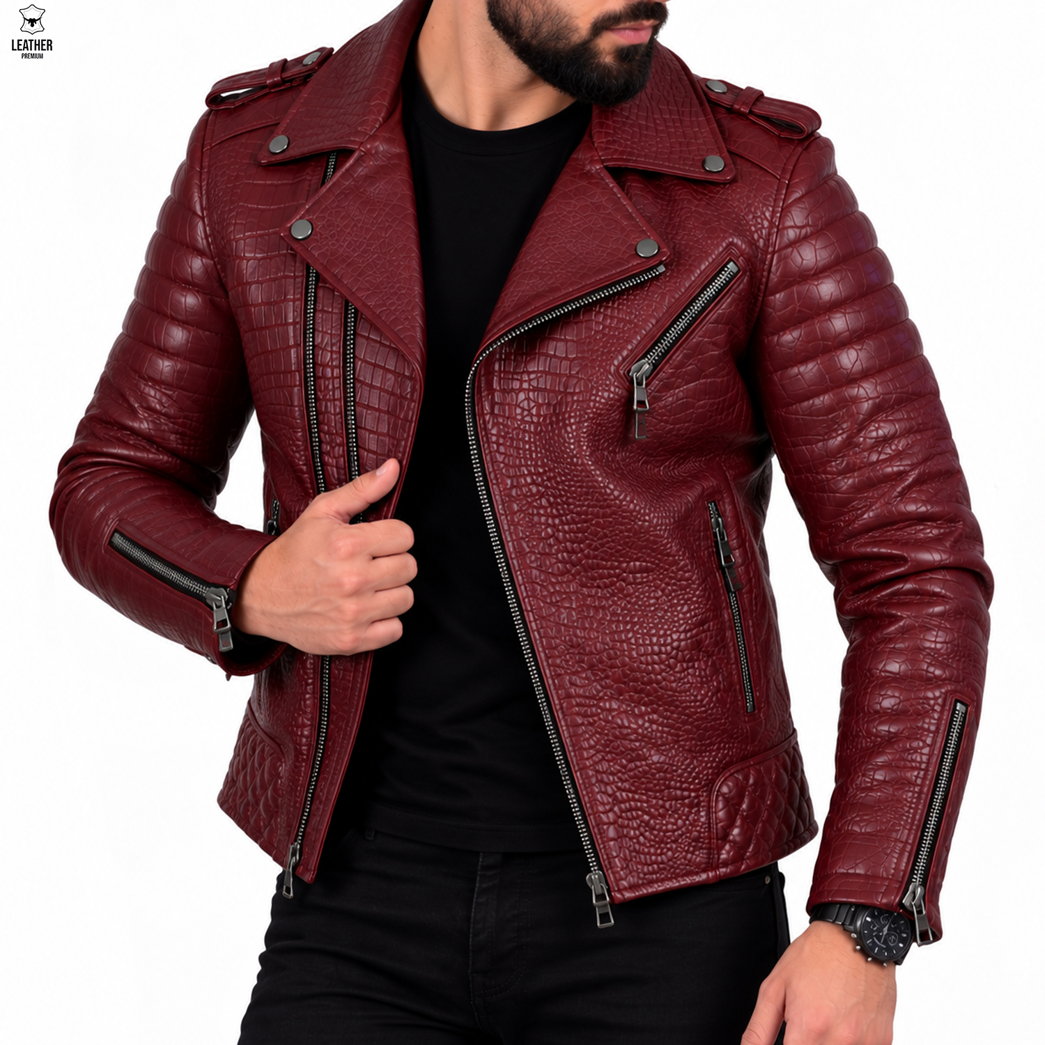 Perfecto en cuir Croco pour Hommes Bordeau 4823 – photo 1