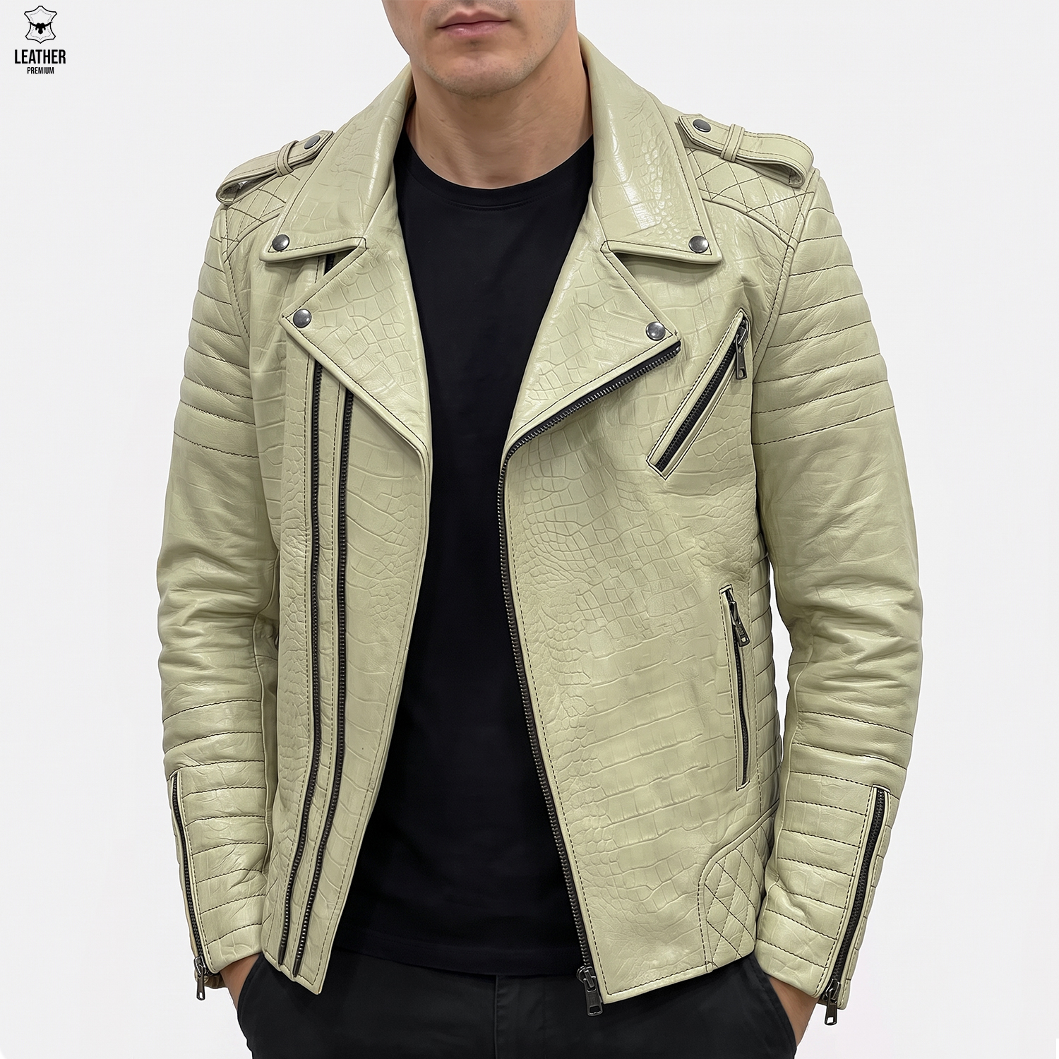 Perfecto en cuir Croco Écru jade pâle pour Hommes