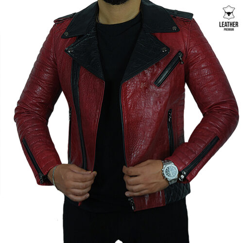Perfecto en cuir Rouge Croco pour Hommes Ref : RN212