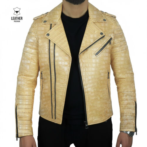 Perfecto en cuir Croco Beige pour Hommes -champagne-