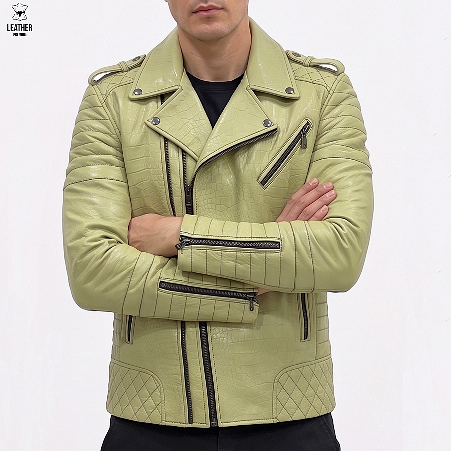Perfecto en cuir d'agneau effet croco Vert pistache homme 4 Perfecto en cuir Croco pour Hommes Vert pistache – photo 4