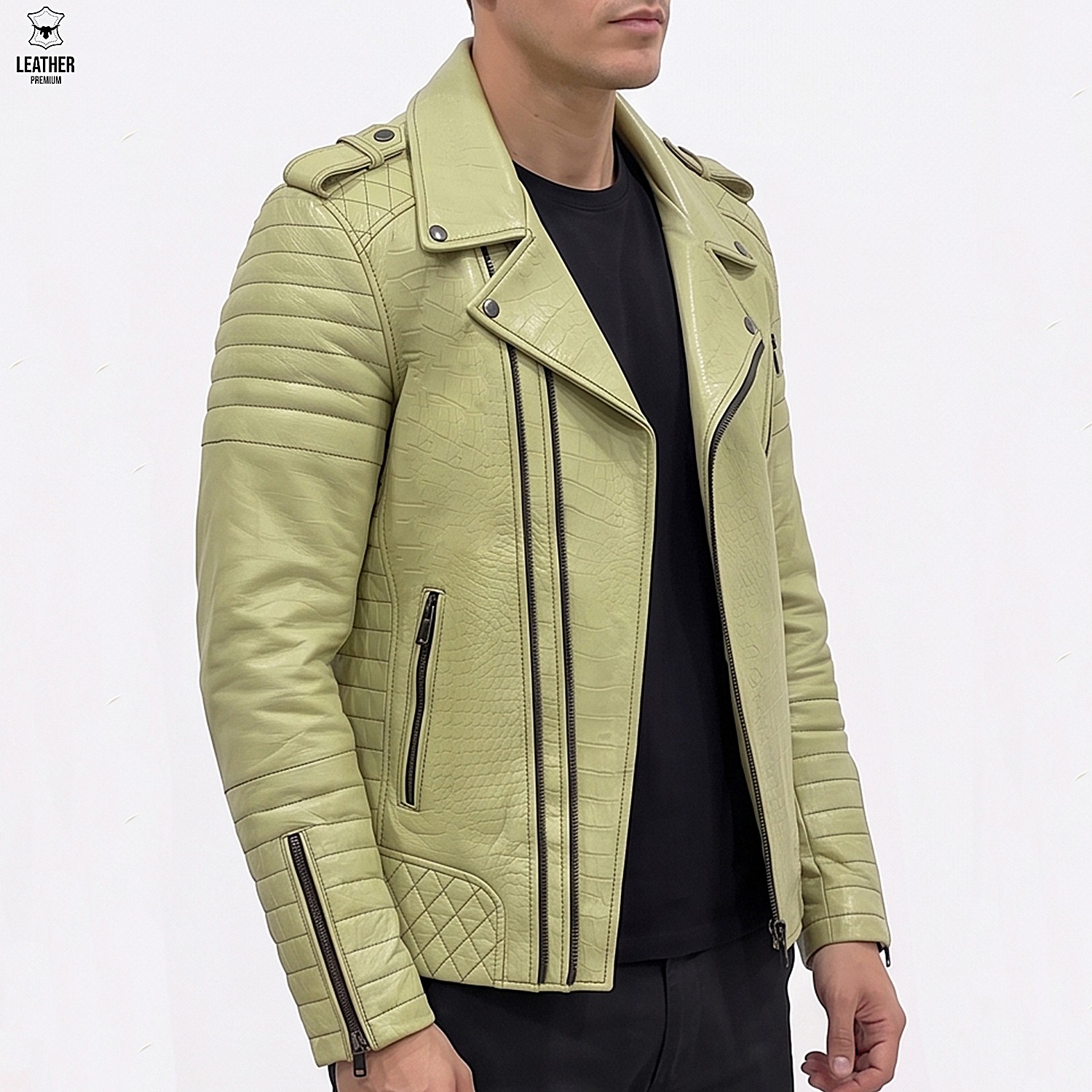 Perfecto en cuir d'agneau effet croco Vert pistache homme 3 Perfecto en cuir Croco pour Hommes Vert pistache – photo 3
