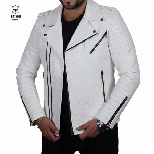 Perfecto en cuir Blanc Croco Albâtre