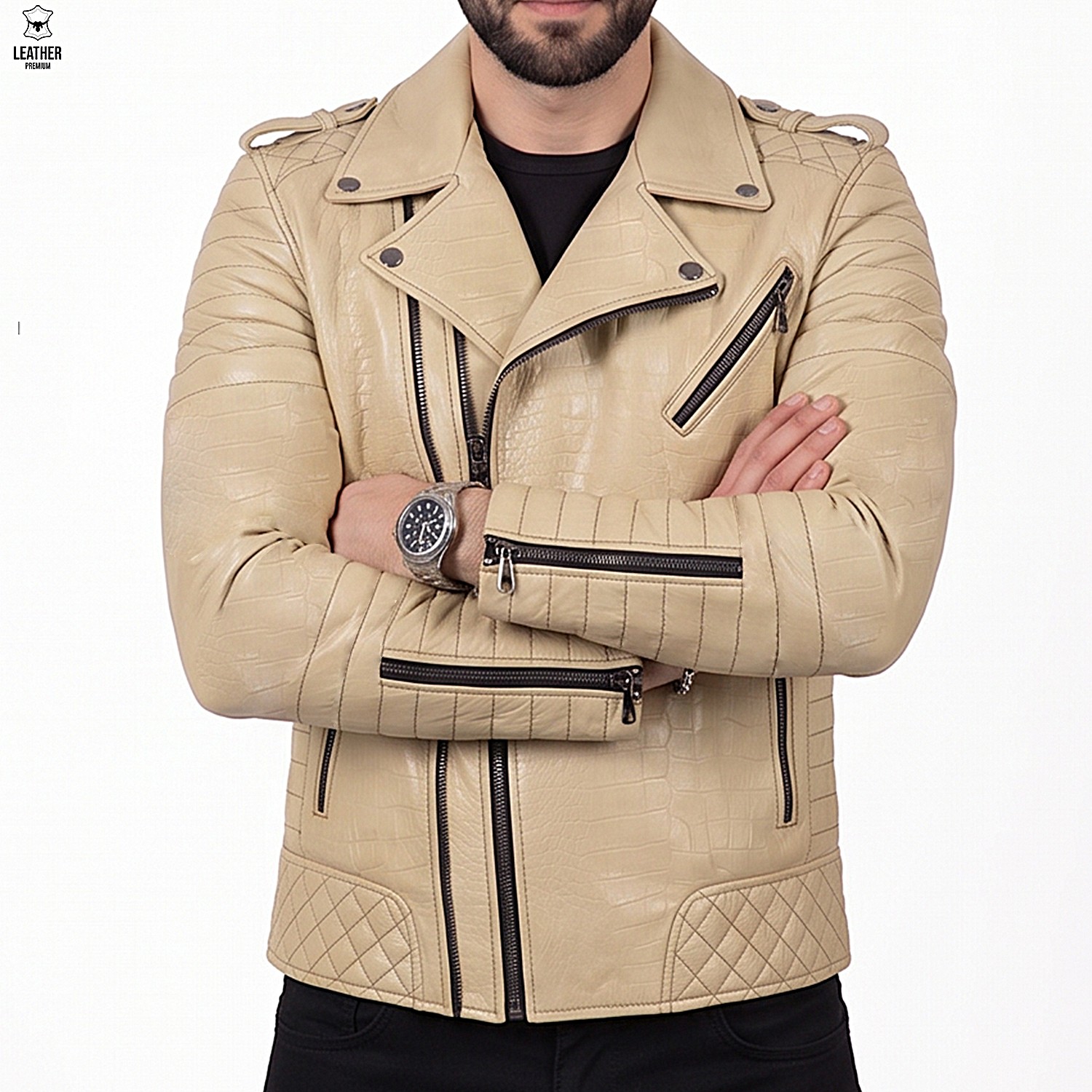 Perfecto en cuir Croco Beige pour Hommes -champagne- 4 zefezfe
