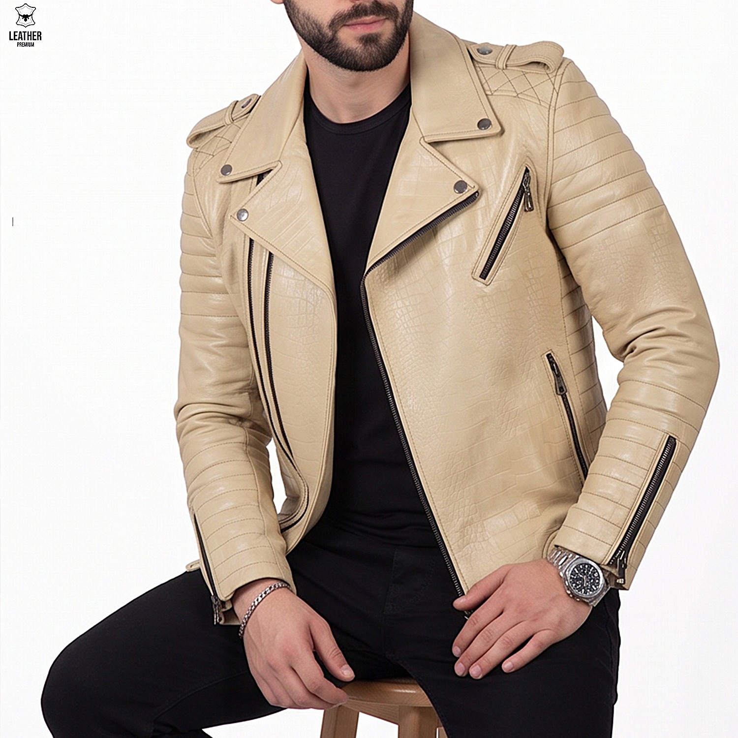 Perfecto en cuir Croco Beige pour Hommes -champagne- 3 zefezfezf