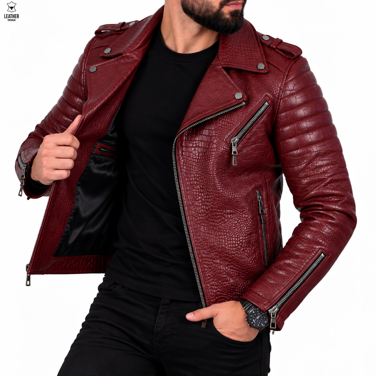 Perfecto en cuir Croco pour Hommes Bordeau 4823 – photo 2