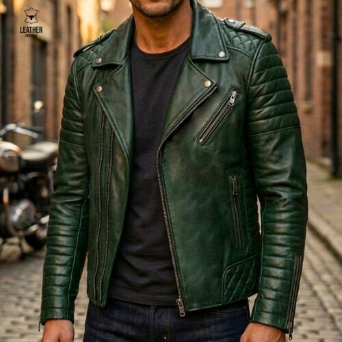 Perfecto en cuir Vert pour Hommes ref : 22033