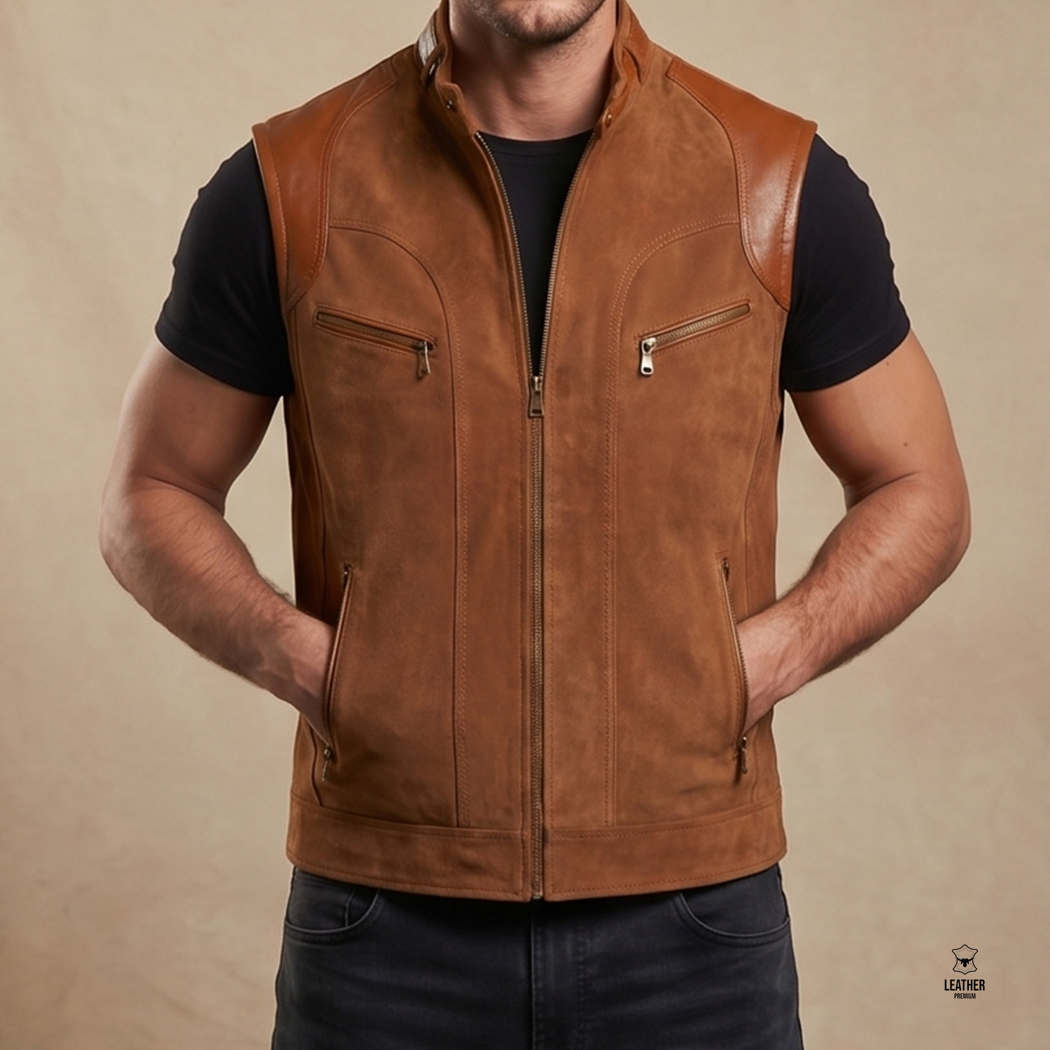 Gilet en cuir TABAC pour homme -Tabac885- 3 aedaedae
