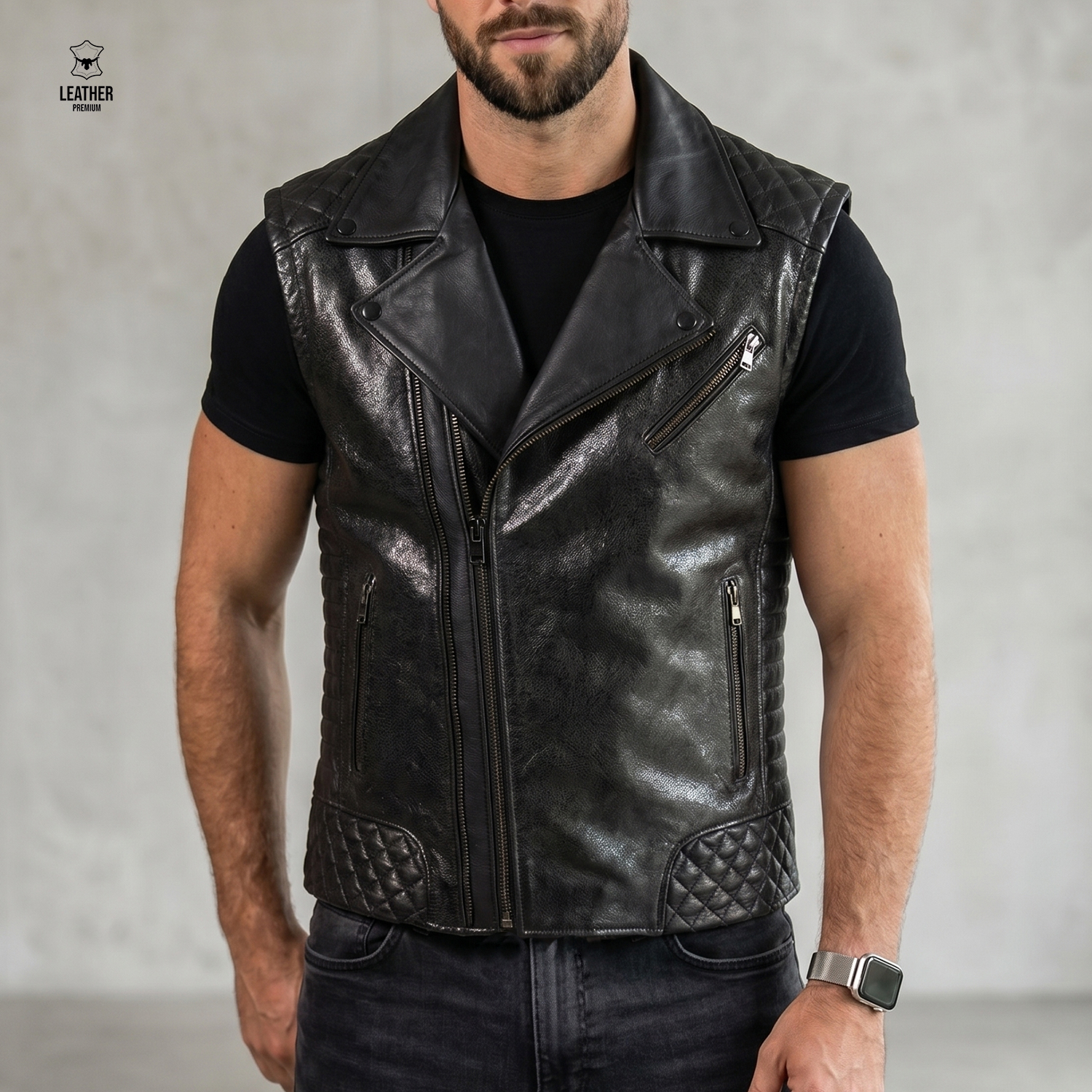 Gilet perfecto en cuir noir -Lustré Premium- 1 aefaefaef