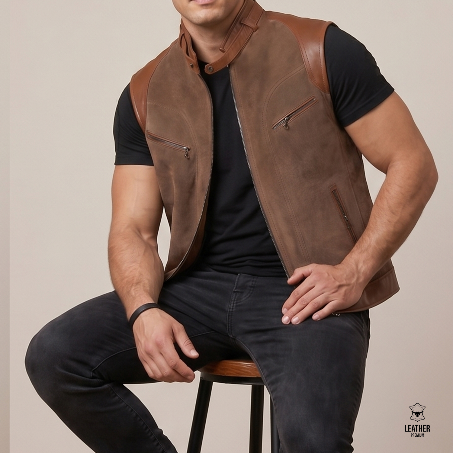 Gilet en cuir / Nubuck pour Homme - Tabac550- 3 aefedazd
