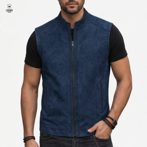 Gilet en cuir Bleu Daim pour Homme REF : DB5588