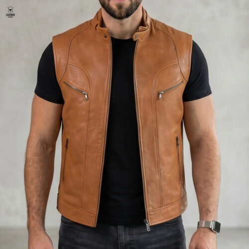 Gilet en cuir Tabac pour Hommes 702