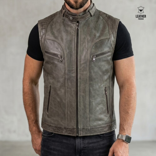 Gilet en cuir vert Olive pour Hommes -ref : VO1002- 6 azdazdzd 1