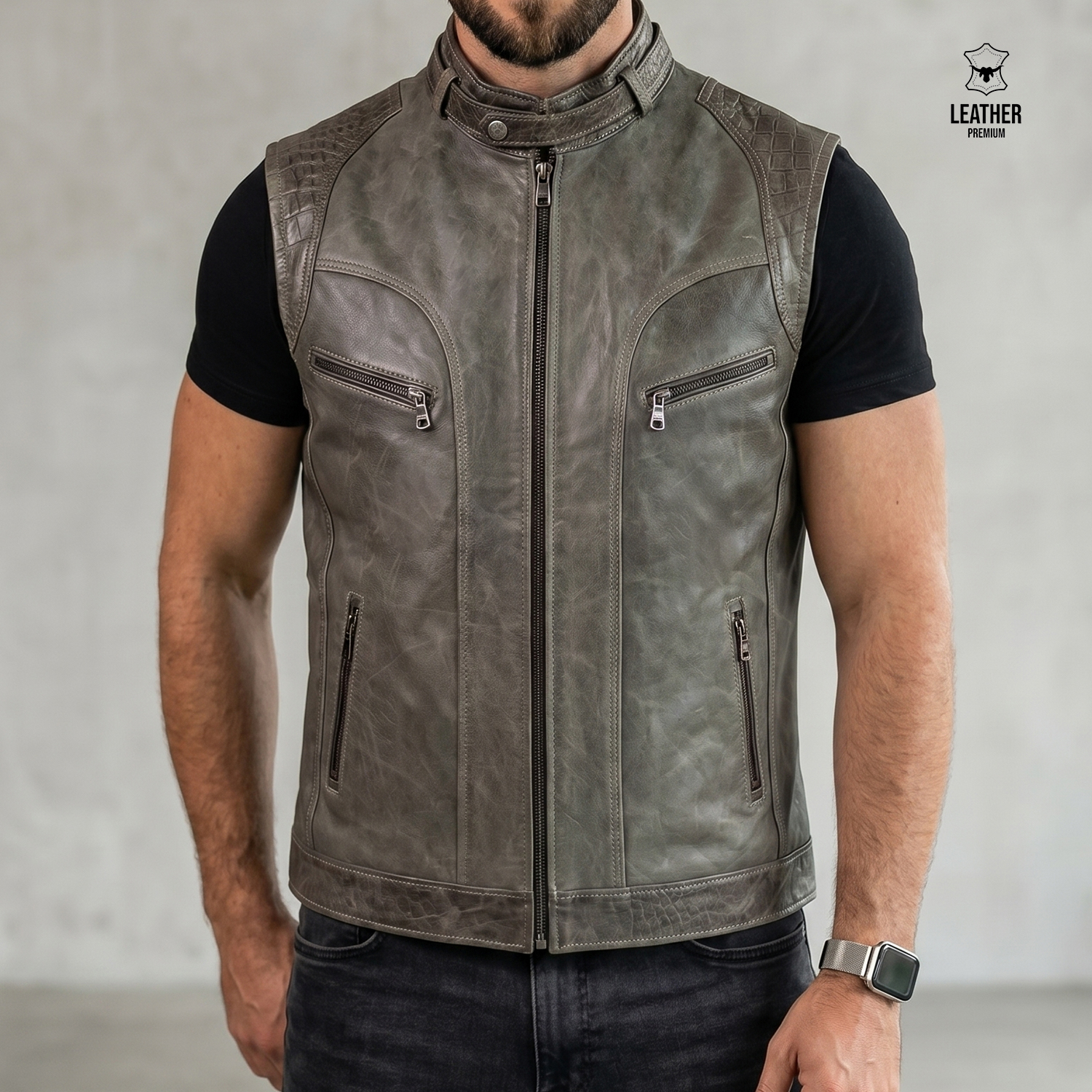Gilet en cuir vert Olive pour Hommes -ref : VO1002- 3 azdazdzd 1