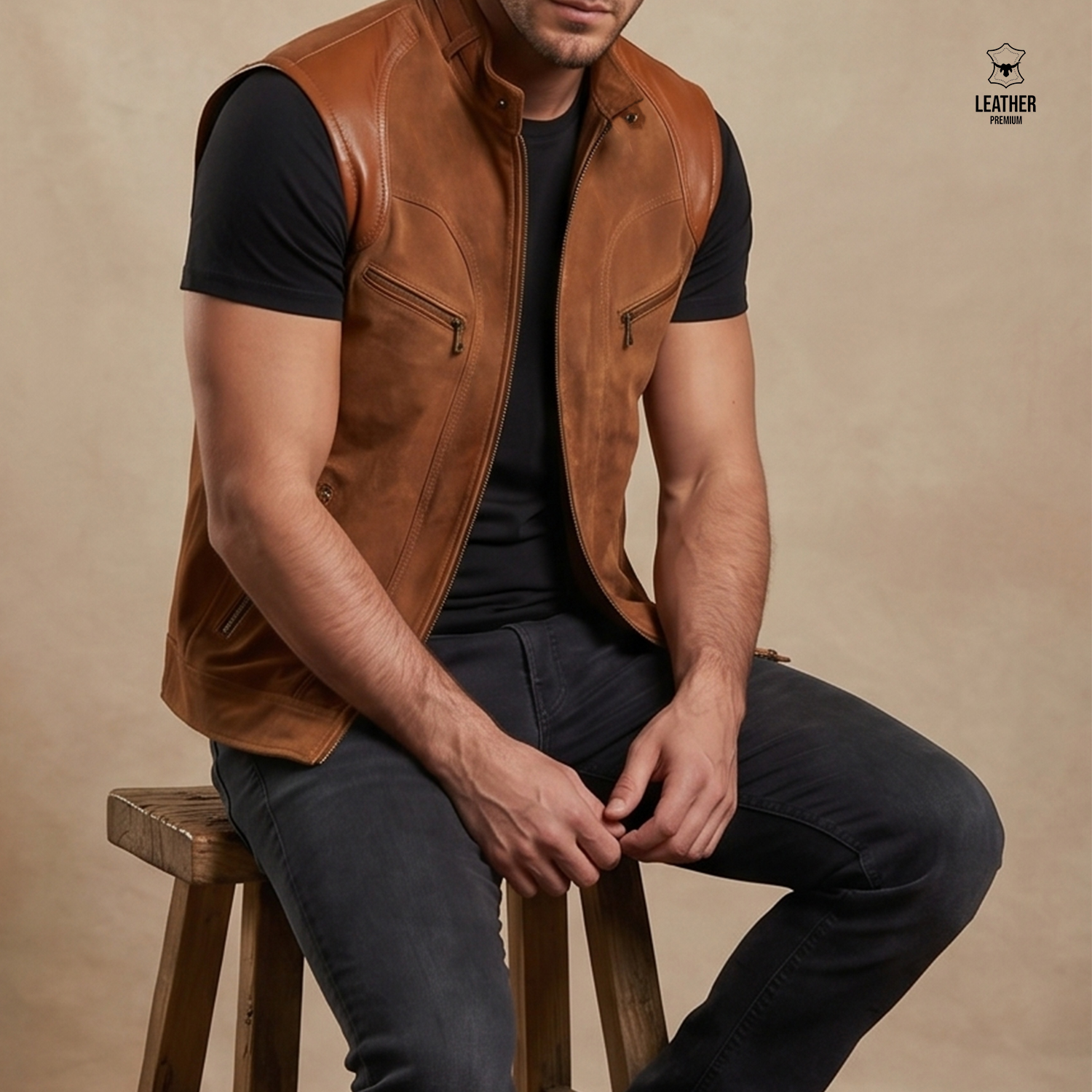 Gilet en cuir TABAC pour homme -Tabac885- 4 azdazdzd