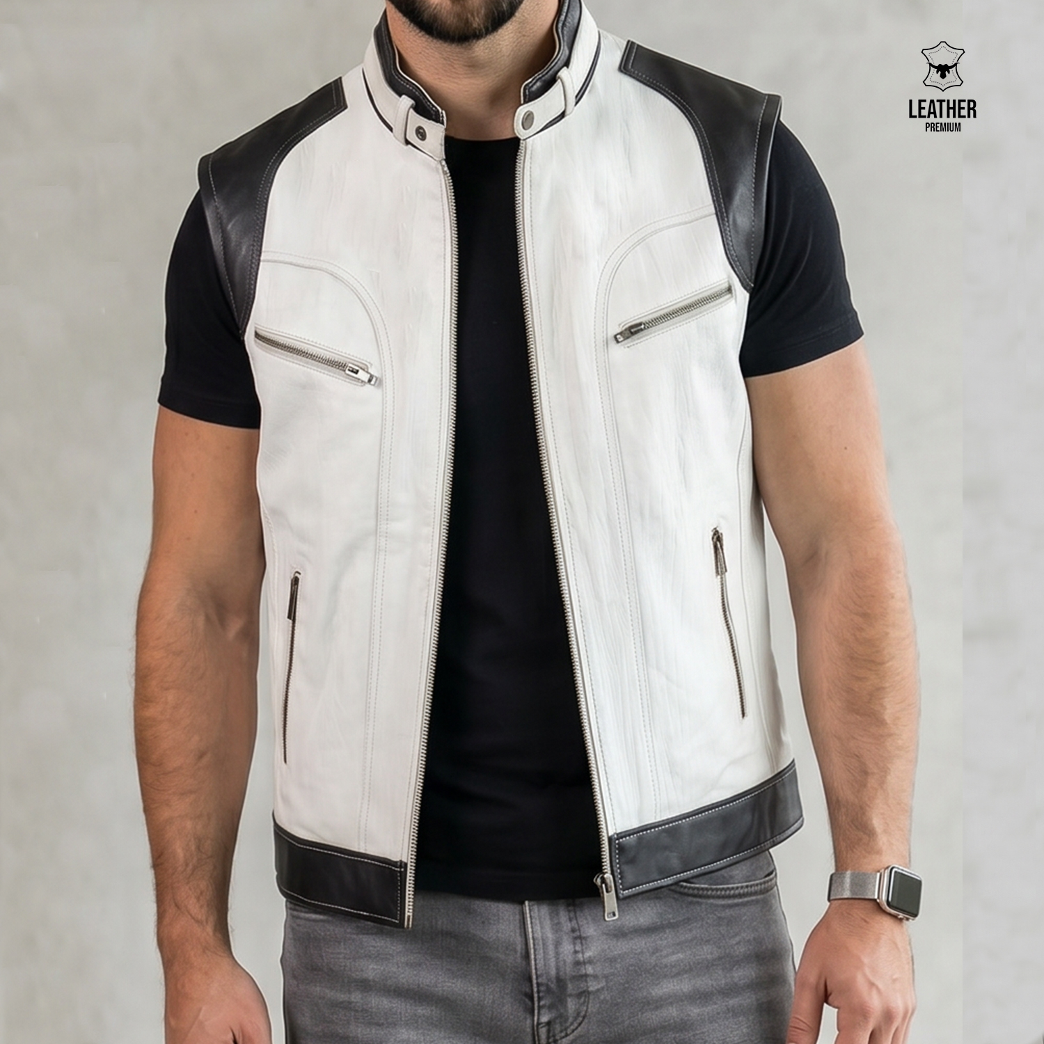 Gilet en cuir Blanc pour Homme GBC5225 1 azdazdzdd