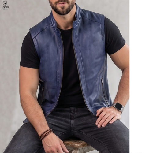 Gilet en cuir Bleu pour Hommes Ref : SB552 7 edfezfdsedf