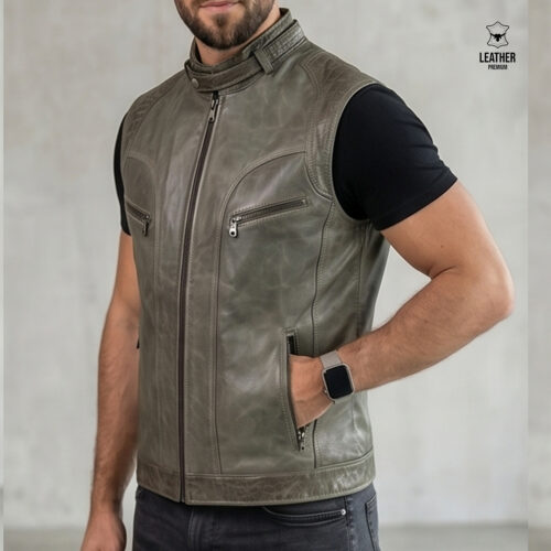 Gilet en cuir vert Olive pour Hommes -ref : VO1002- 7 ezfdzefzef