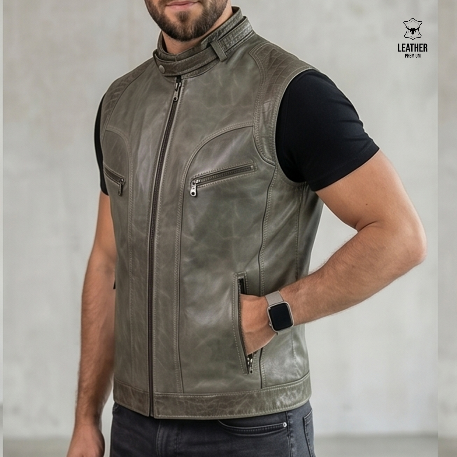 Gilet en cuir vert Olive pour Hommes -ref : VO1002- 4 ezfdzefzef
