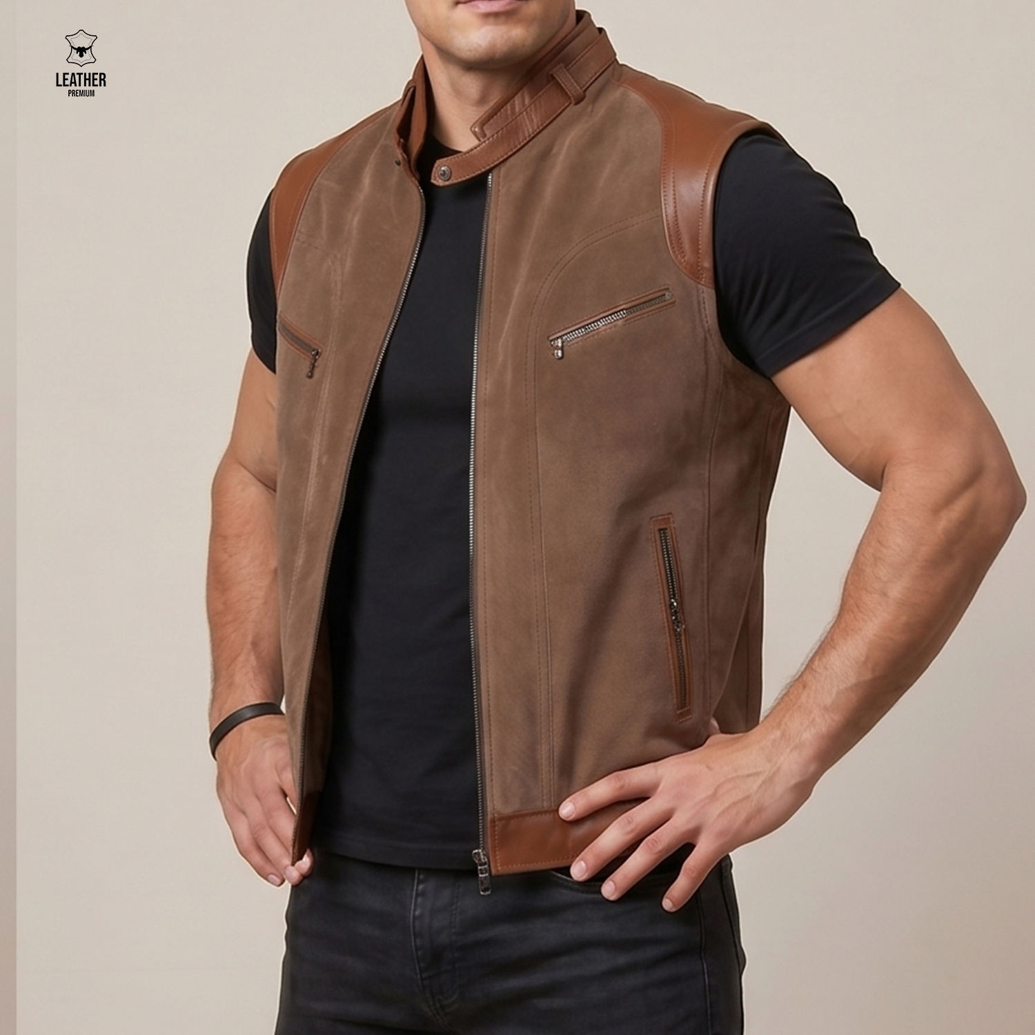 Gilet en cuir / Nubuck pour Homme - Tabac550- 1 ezfefdez