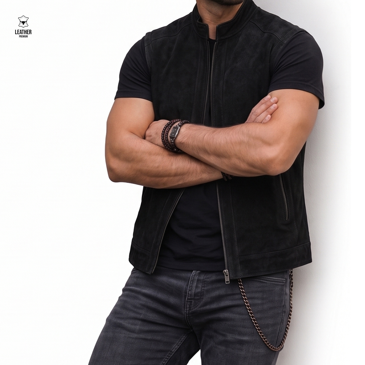 Gilet en cuir Noir Daim pour Homme REF : DN5588 2 ezfezfdzede