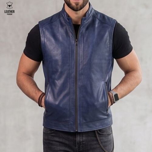 Gilet en cuir Bleu pour Hommes Ref : SB552