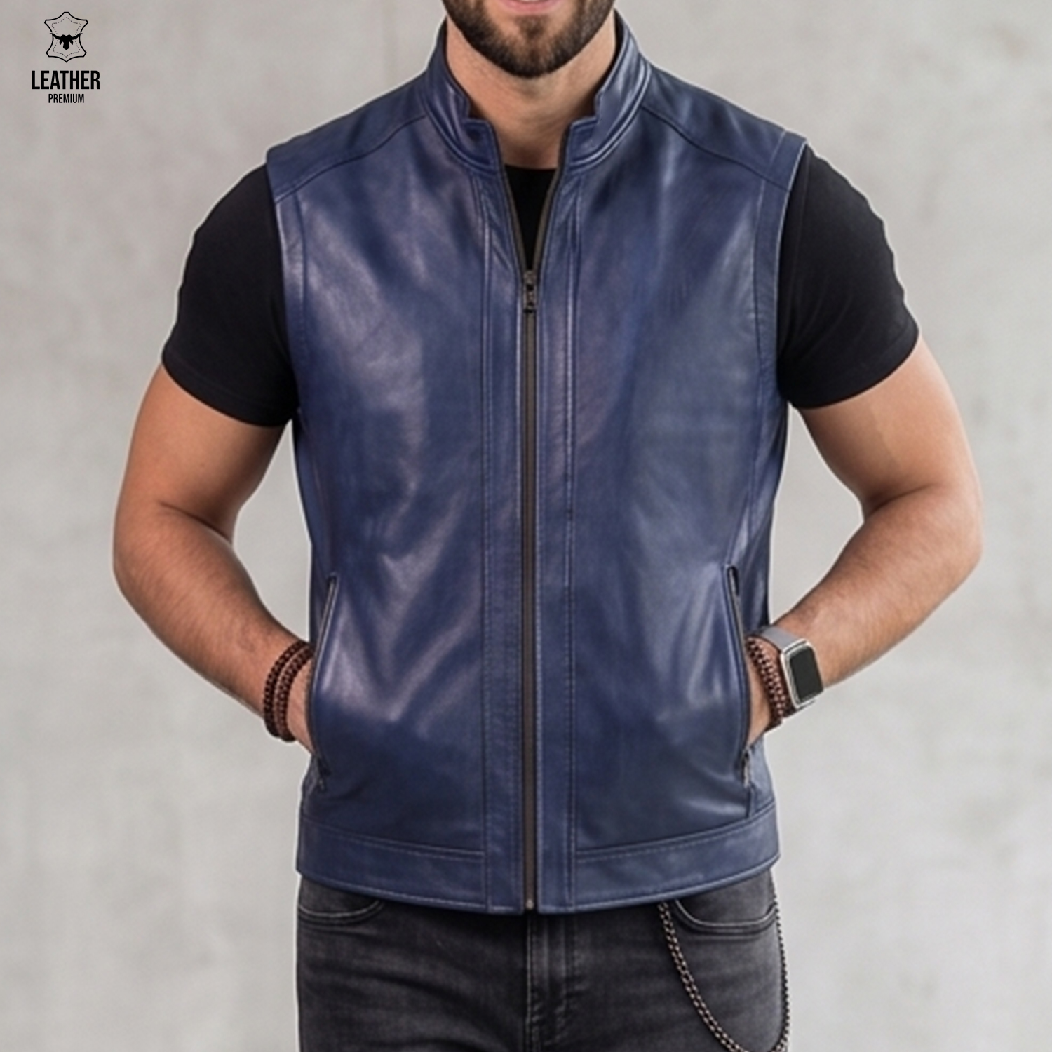 Gilet en cuir Bleu pour Hommes Ref : SB552 1 ezfezfef