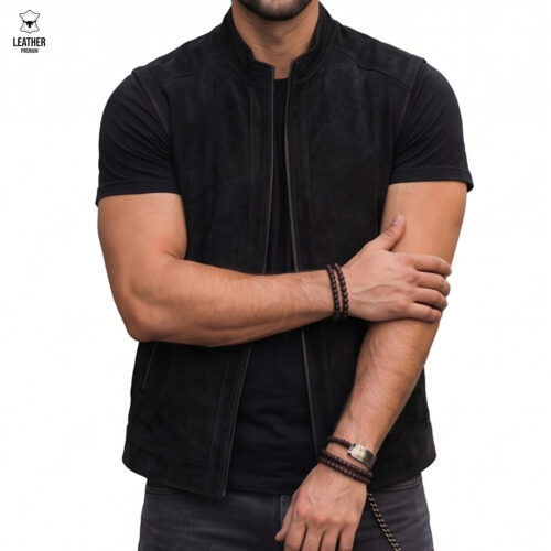 Gilet en cuir Noir Daim pour Homme REF : DN5588 7 ezfzefef