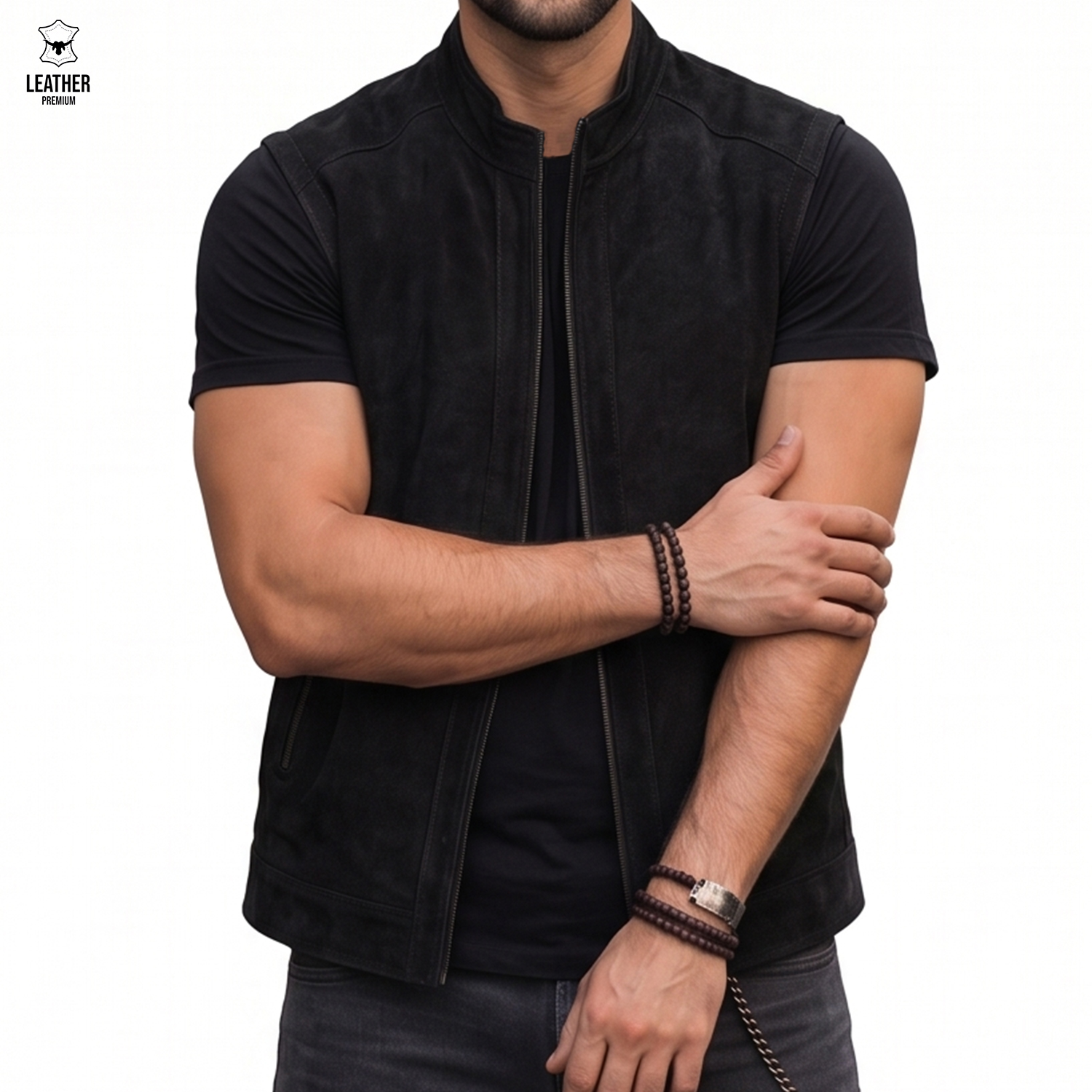 Gilet en cuir Noir Daim pour Homme REF : DN5588 4 ezfzefef