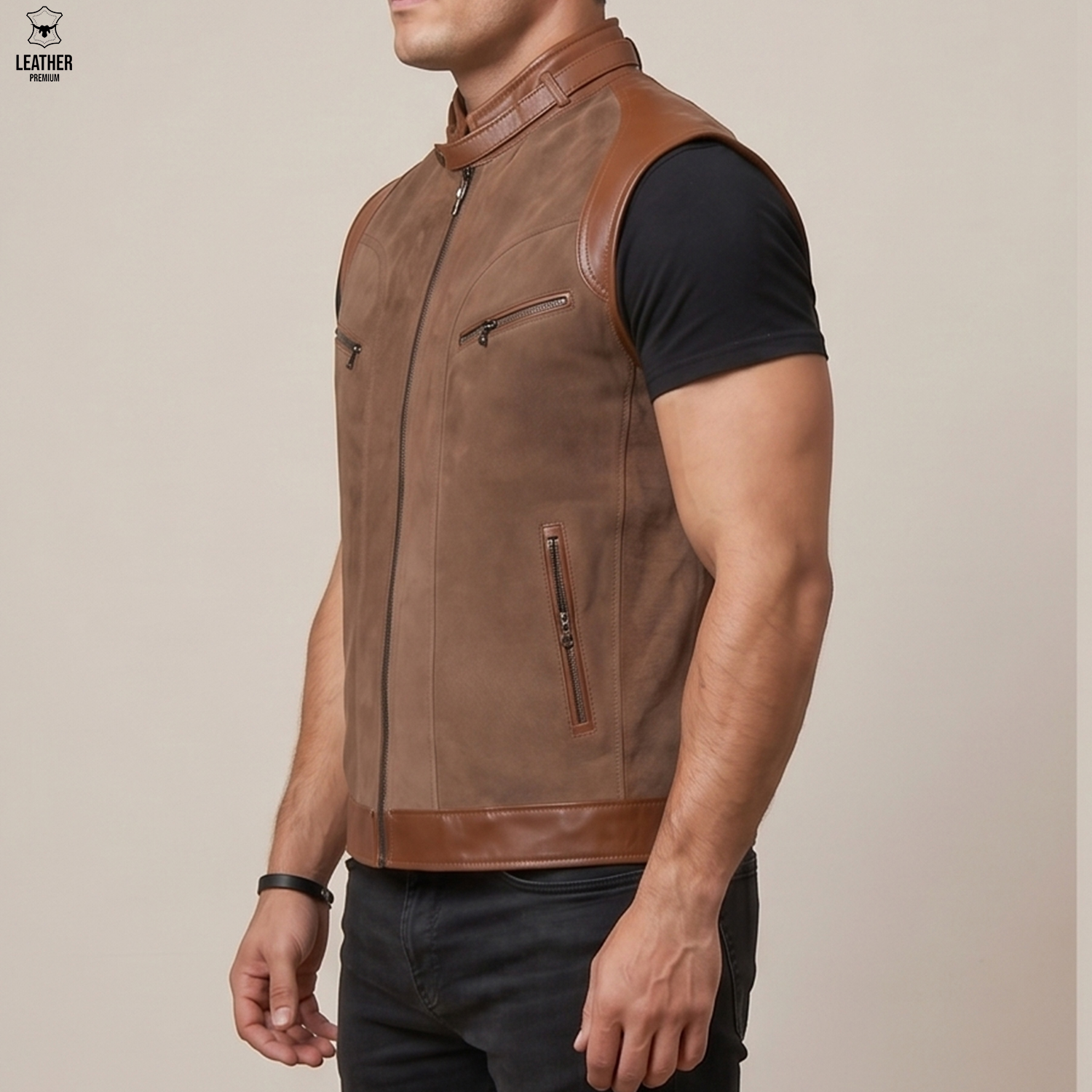 Gilet en cuir / Nubuck pour Homme - Tabac550- 2 qadqsdqs