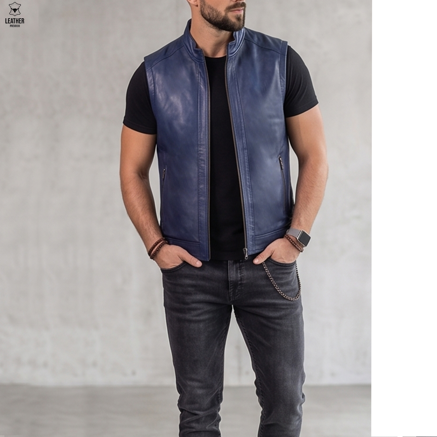 Gilet en cuir Bleu pour Hommes Ref : SB552 3 qaedazedaz