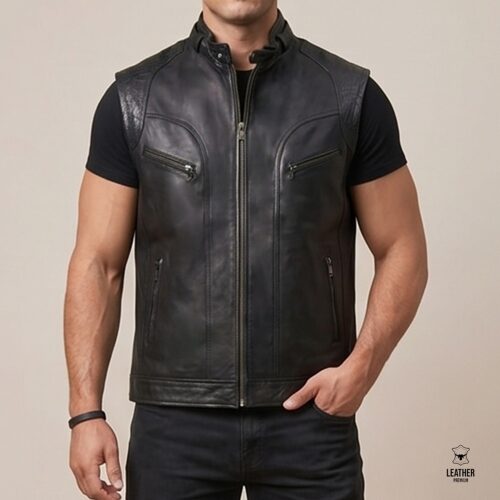 Gilet en Cuir Noir Intense pour hommes – photo 3