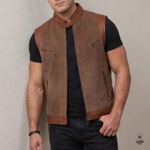 Gilet en cuir / Nubuck pour Homme - Tabac550- 7 qdqsdsq 1