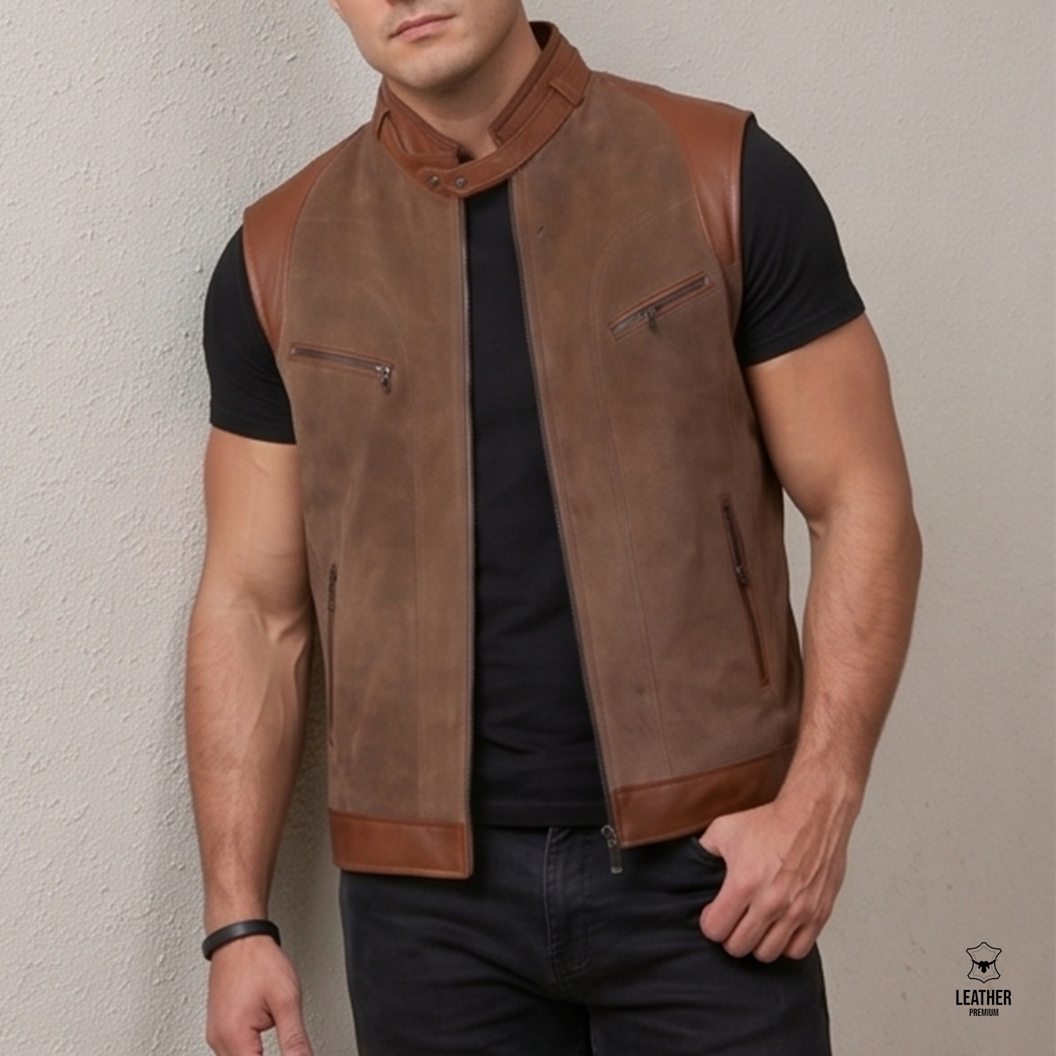 Gilet en cuir / Nubuck pour Homme - Tabac550- 4 qdqsdsq 1