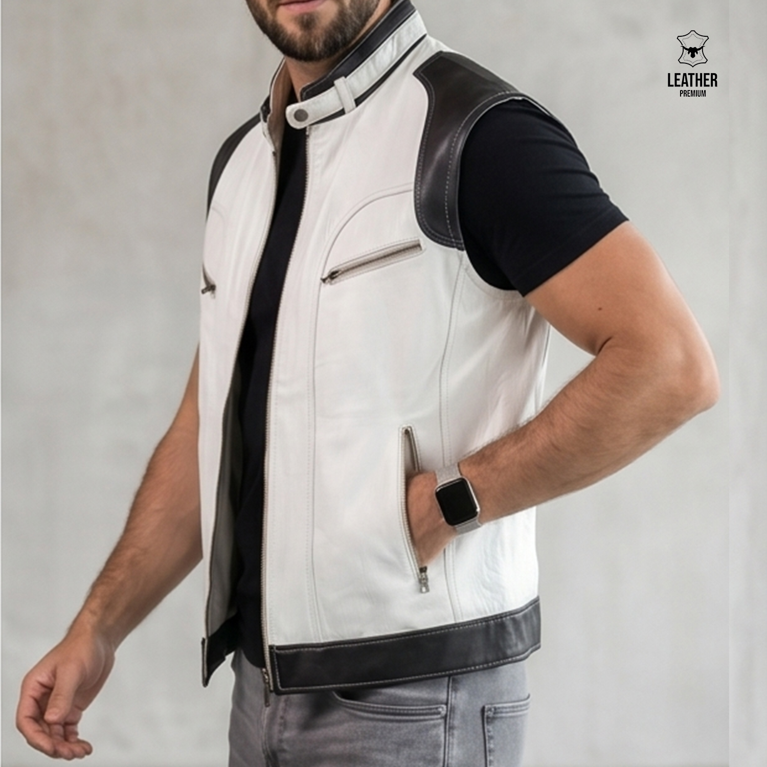 Gilet en cuir Blanc pour Homme GBC5225 4 qsdsdsqdsq