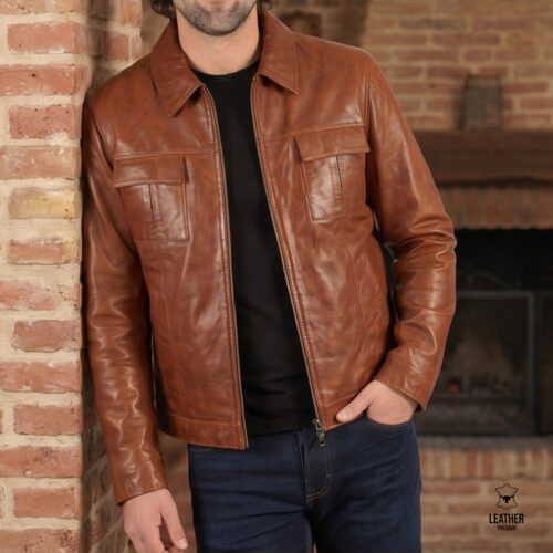 Blouson en cuir Daytona tabac pour Homme -Poche plaquée-