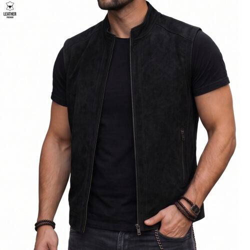 Gilet en cuir Noir Daim pour Homme REF : DN5588